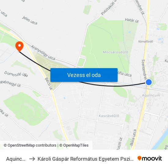 Aquincum H to Károli Gáspár Református Egyetem Pszichológiai Intézet map