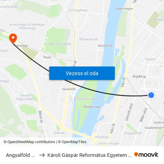 Angyalföld Kocsiszín to Károli Gáspár Református Egyetem Pszichológiai Intézet map