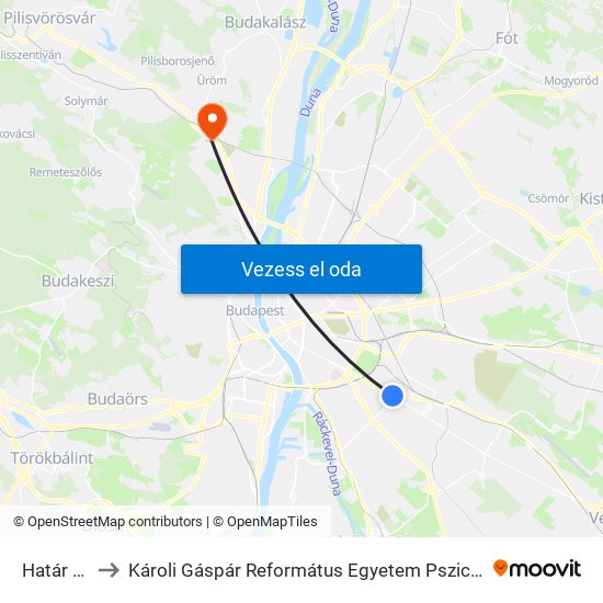 Határ Út M to Károli Gáspár Református Egyetem Pszichológiai Intézet map