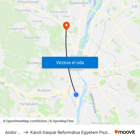 Andor Utca to Károli Gáspár Református Egyetem Pszichológiai Intézet map