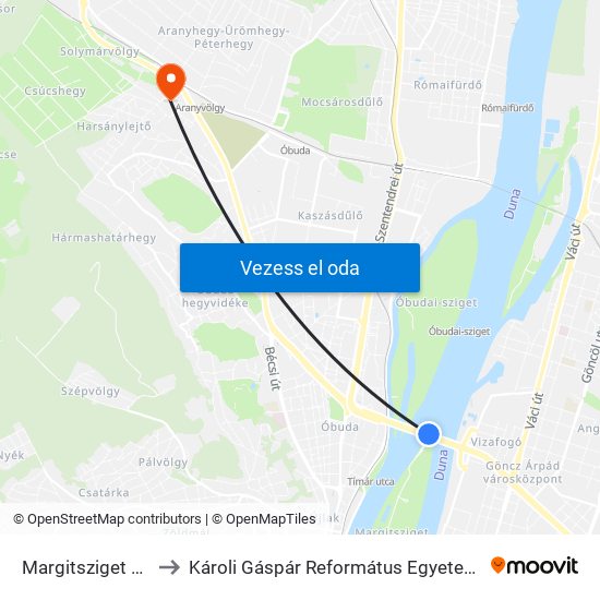 Margitsziget / Árpád Híd to Károli Gáspár Református Egyetem Pszichológiai Intézet map