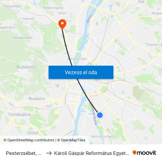 Pesterzsébet, Városközpont to Károli Gáspár Református Egyetem Pszichológiai Intézet map