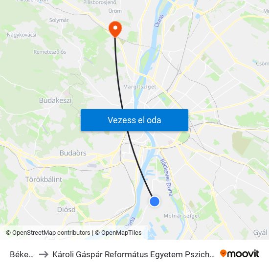 Béke Tér to Károli Gáspár Református Egyetem Pszichológiai Intézet map