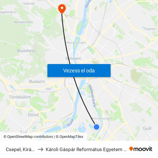 Csepel, Királyerdő Út to Károli Gáspár Református Egyetem Pszichológiai Intézet map