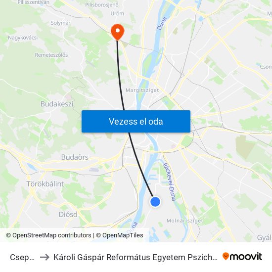 Csepel H to Károli Gáspár Református Egyetem Pszichológiai Intézet map