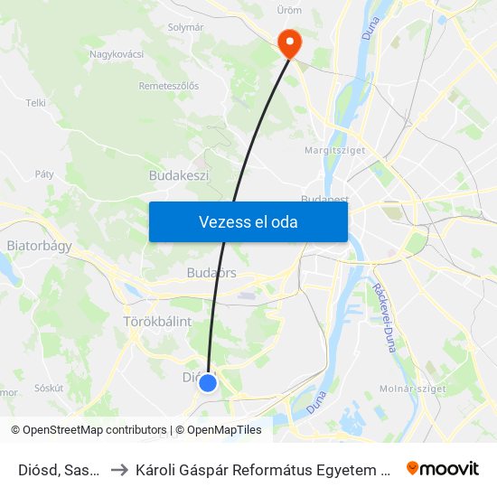 Diósd, Sashegyi Út to Károli Gáspár Református Egyetem Pszichológiai Intézet map