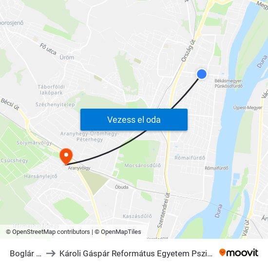 Boglár Utca to Károli Gáspár Református Egyetem Pszichológiai Intézet map