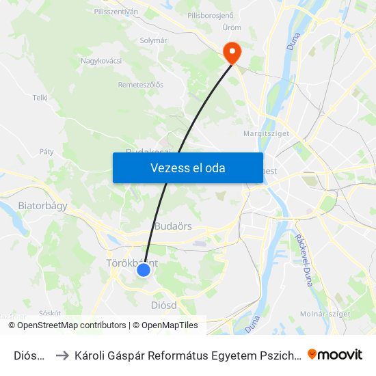 Diósdi Út to Károli Gáspár Református Egyetem Pszichológiai Intézet map