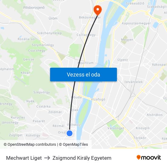 Mechwart Liget to Zsigmond Király Egyetem map