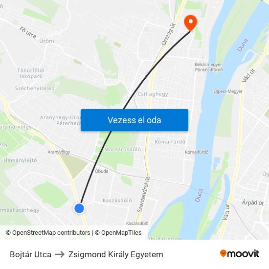 Bojtár Utca to Zsigmond Király Egyetem map