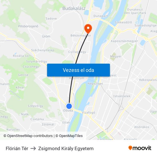 Flórián Tér to Zsigmond Király Egyetem map