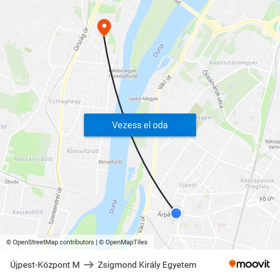 Újpest-Központ M to Zsigmond Király Egyetem map