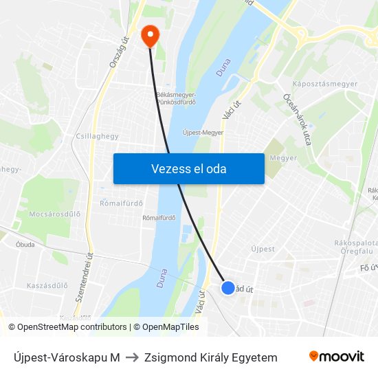 Újpest-Városkapu M to Zsigmond Király Egyetem map