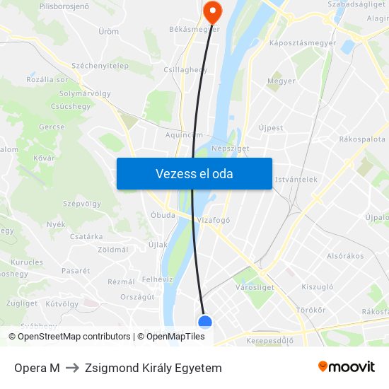 Opera M to Zsigmond Király Egyetem map
