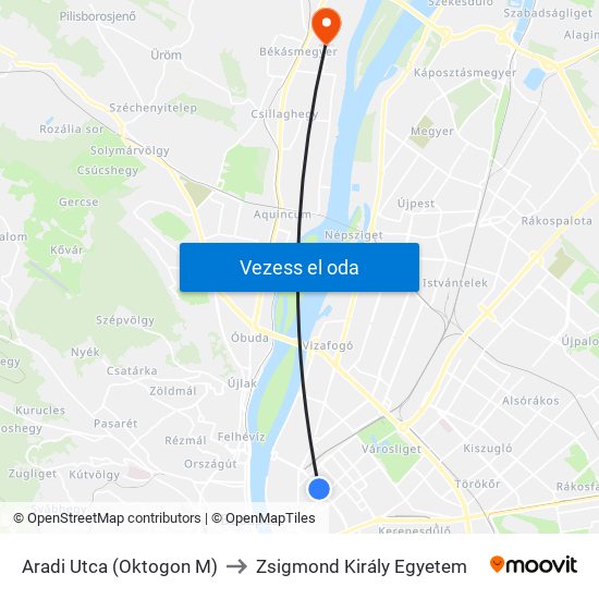 Aradi Utca (Oktogon M) to Zsigmond Király Egyetem map