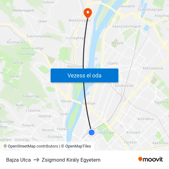Bajza Utca to Zsigmond Király Egyetem map
