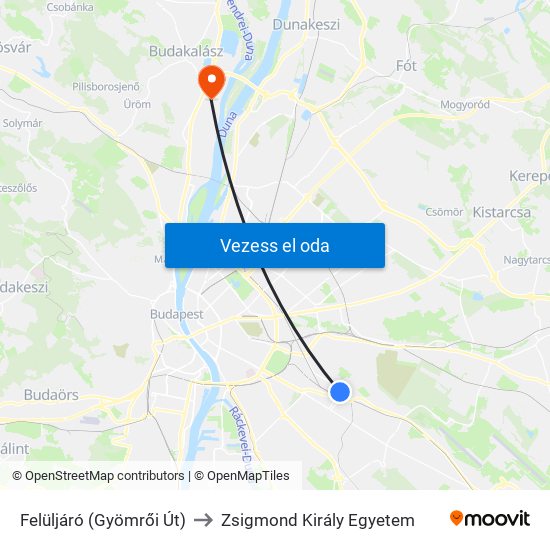 Felüljáró (Gyömrői Út) to Zsigmond Király Egyetem map