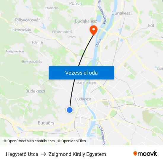 Hegytető Utca to Zsigmond Király Egyetem map