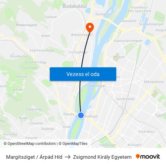 Margitsziget / Árpád Híd to Zsigmond Király Egyetem map