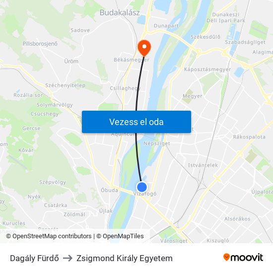 Dagály Fürdő to Zsigmond Király Egyetem map