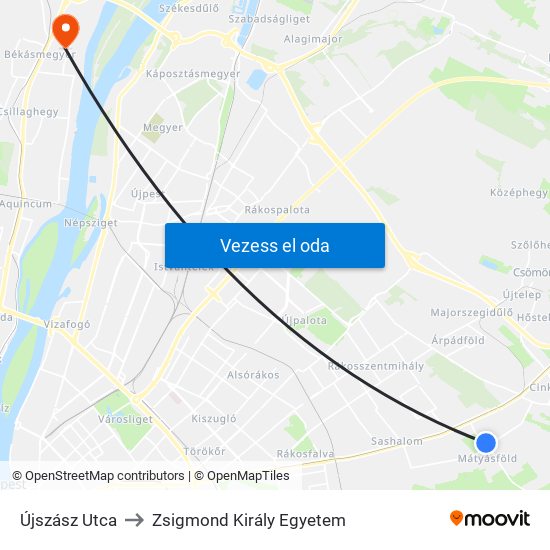 Újszász Utca to Zsigmond Király Egyetem map