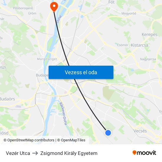 Vezér Utca to Zsigmond Király Egyetem map