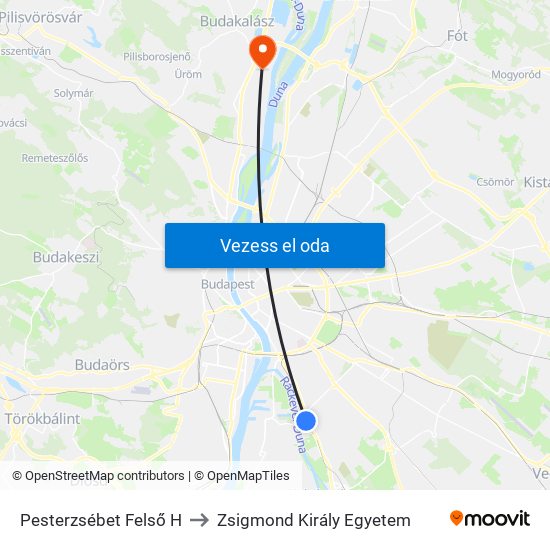 Pesterzsébet Felső H to Zsigmond Király Egyetem map