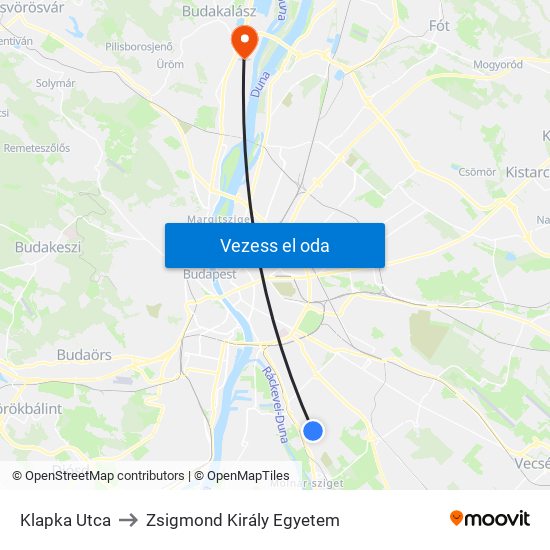 Klapka Utca to Zsigmond Király Egyetem map