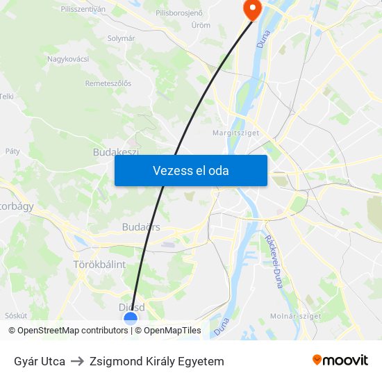 Gyár Utca to Zsigmond Király Egyetem map