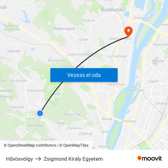 Hűvösvölgy to Zsigmond Király Egyetem map