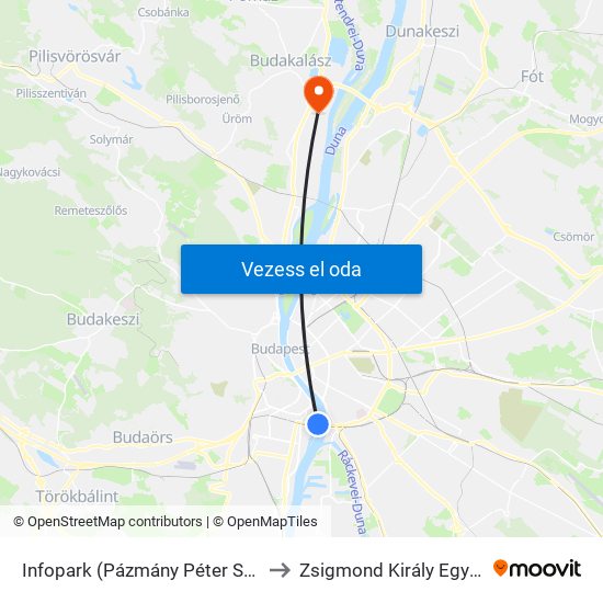 Infopark (Pázmány Péter Sétány) to Zsigmond Király Egyetem map