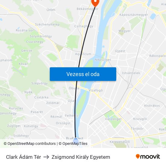 Clark Ádám Tér to Zsigmond Király Egyetem map