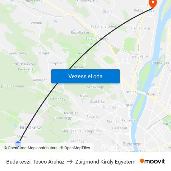 Budakeszi, Tesco Áruház to Zsigmond Király Egyetem map