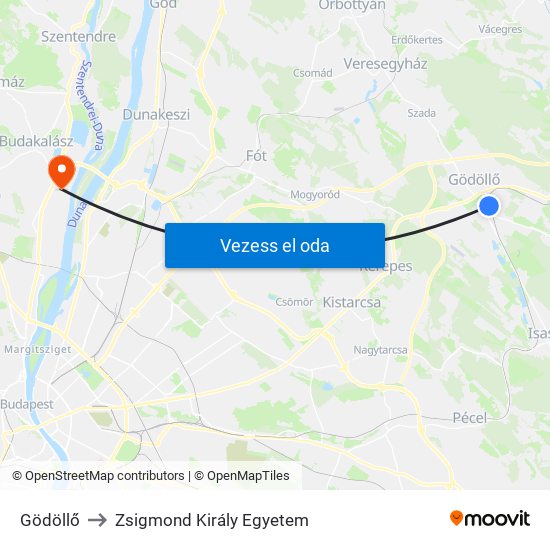 Gödöllő to Zsigmond Király Egyetem map