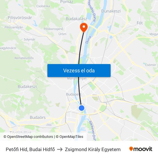 Petőfi Híd, Budai Hídfő to Zsigmond Király Egyetem map
