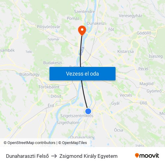 Dunaharaszti Felső to Zsigmond Király Egyetem map