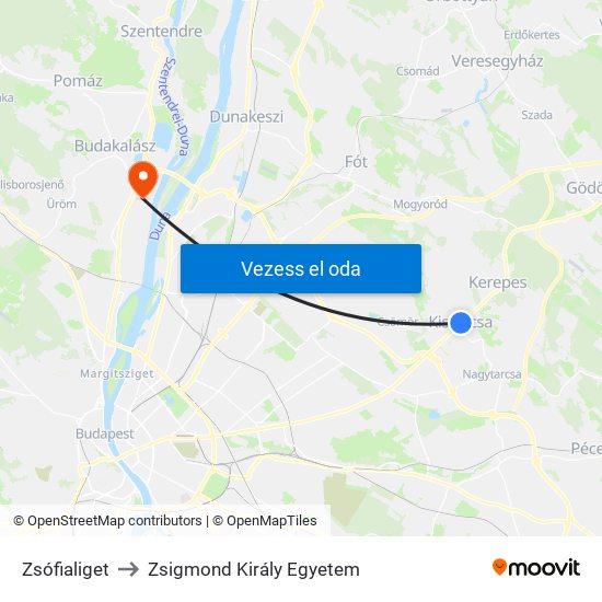 Zsófialiget to Zsigmond Király Egyetem map