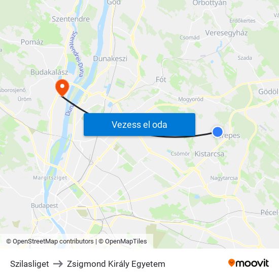 Szilasliget to Zsigmond Király Egyetem map