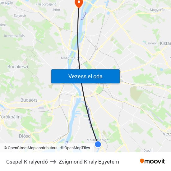 Csepel-Királyerdő to Zsigmond Király Egyetem map