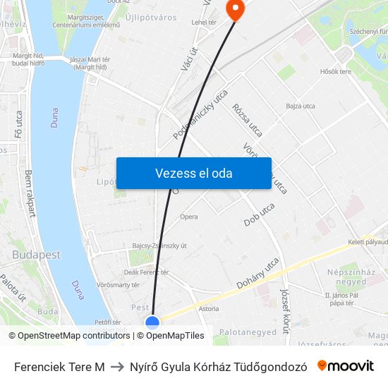 Ferenciek Tere M to Nyírő  Gyula Kórház Tüdőgondozó map