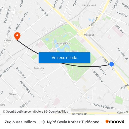 Zugló Vasútállomás to Nyírő  Gyula Kórház Tüdőgondozó map