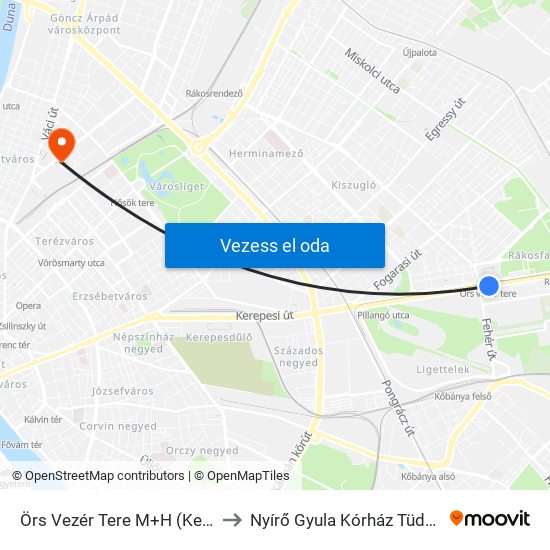 Örs Vezér Tere M+H (Kerepesi Út) to Nyírő  Gyula Kórház Tüdőgondozó map