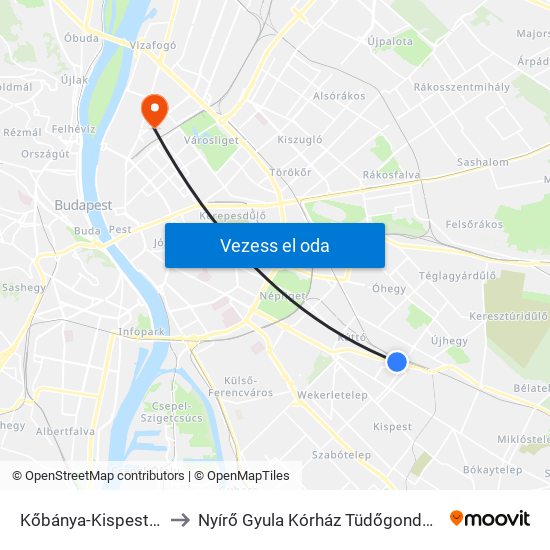 Kőbánya-Kispest M to Nyírő  Gyula Kórház Tüdőgondozó map