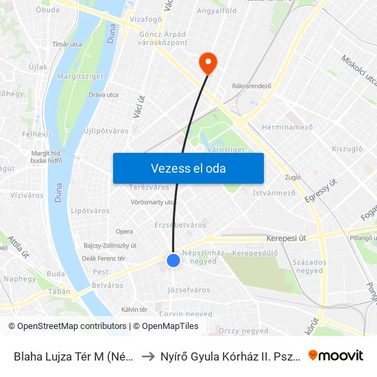 Blaha Lujza Tér M (Népszínház Utca) to Nyírő Gyula Kórház II. Pszichiátriai Osztály map