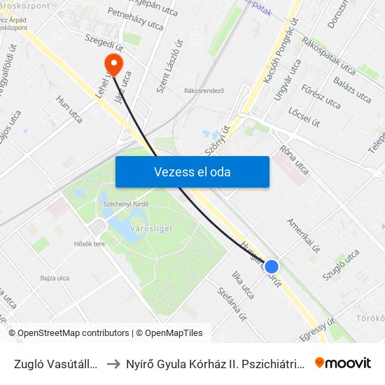 Zugló Vasútállomás to Nyírő Gyula Kórház II. Pszichiátriai Osztály map