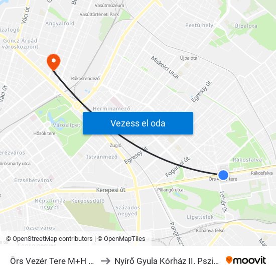 Örs Vezér Tere M+H (Kerepesi Út) to Nyírő Gyula Kórház II. Pszichiátriai Osztály map