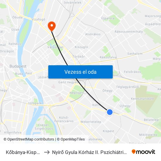 Kőbánya-Kispest M to Nyírő Gyula Kórház II. Pszichiátriai Osztály map