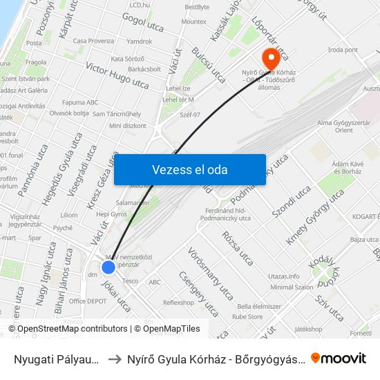 Nyugati Pályaudvar M to Nyírő Gyula Kórház - Bőrgyógyászati Klinika map