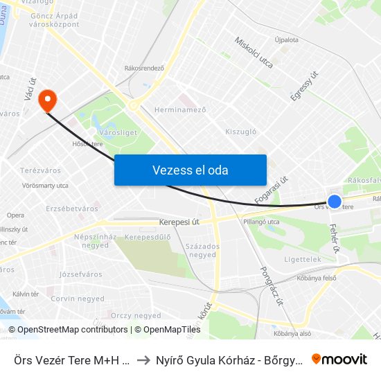 Örs Vezér Tere M+H (Kerepesi Út) to Nyírő Gyula Kórház - Bőrgyógyászati Klinika map