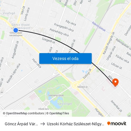 Göncz Árpád Városközpont to Uzsoki Kórház  Szülészet-Nőgyógyászati Osztály map